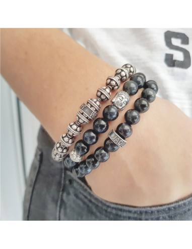 bouddha, perles balinaises et perles oeil de faucon gris bleu