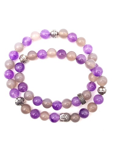 Bracelet double rang en agate grise et améthyste, bouddha et rondelle en argent 925