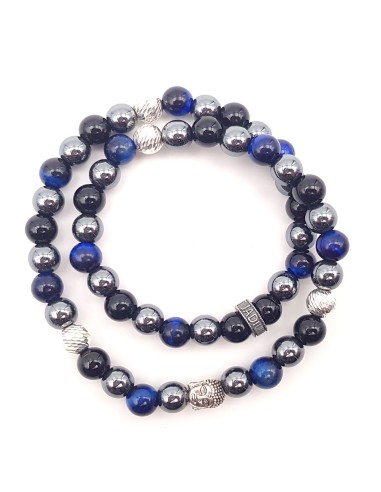 Bracelet double rang en argent 925 et perles Hématite, Onyx noir et Oeil de tigre bleu