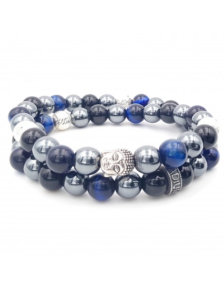 Bracelet double rang en argent 925 et perles Hématite, Onyx noir et Oeil de tigre bleu