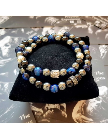 Elzy Buddha, bracelet double rang en argent 925 et perles Hématite, Onyx noir et Oeil de tigre bleu