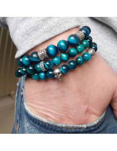 Bracelet perles oeil de tigre bleu royal et argent tete de mort double