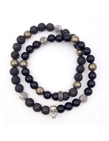 Bracelet Jadium perles de Lave, pyrite et d'onyx mat, tête de mort Argent