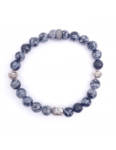 Bracelet en perles obsidienne flocon de neige et argent 925
