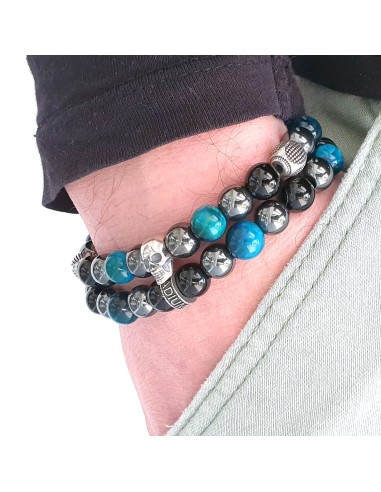 Bracelet double rang perles noires, argent et bleu tete de mort Jadium