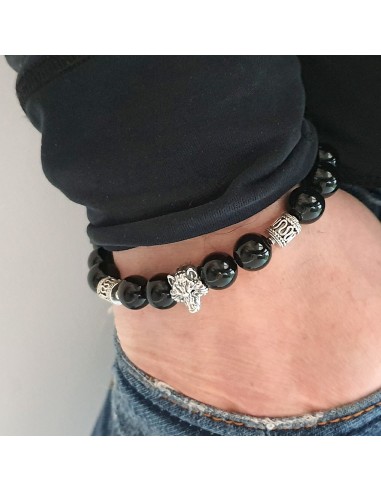 Bracelet en onyx noir et loup argent du tatouage de Johnny