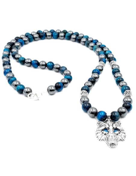 collier onyx, hematite et œil de tigre bleu royal et perle argent loup