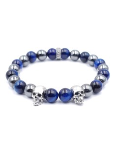 Elzy Duo skull, perles oeil de tigre bleu et hématite