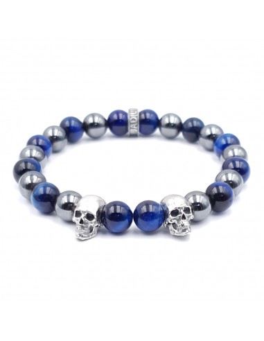 Elzy Duo skull, perles oeil de tigre bleu et hématite