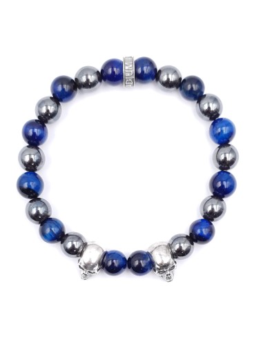 Elzy Duo skull, perles oeil de tigre bleu et hématite