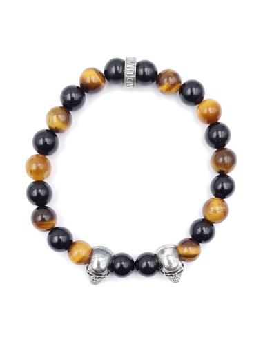 Bracelet Savannah Duo skull en onyx noir et oeil de tigre