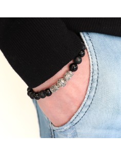 Bracelet argent massif en alternant onyx noir et brillant et perles argent 925 2