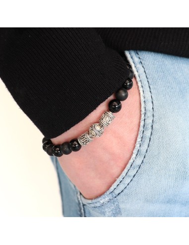 bracelet de perles onyx noir brillant et mat et argent massif