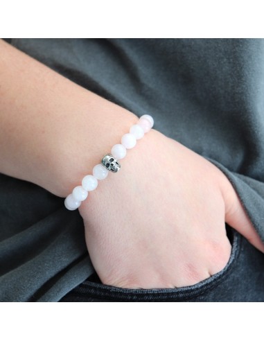 Bracelet quartz rose perles argent massif et crane