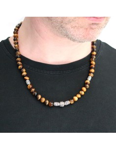 Collier perles oeil de tigre marron homme et femme 2