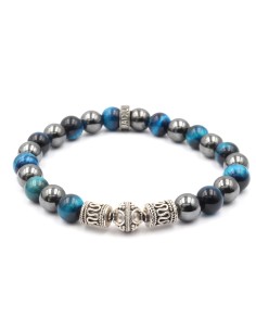 Bracelet Oeil de tigre bleu, hématite et argent