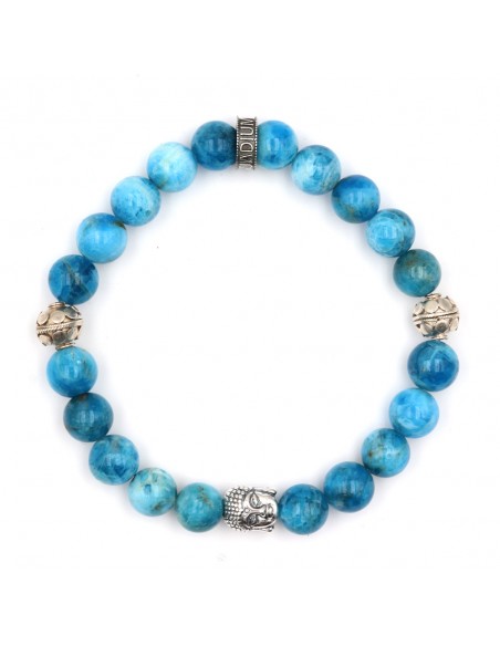 bracelet en argent massif bouddha et perles fines apatite bleu