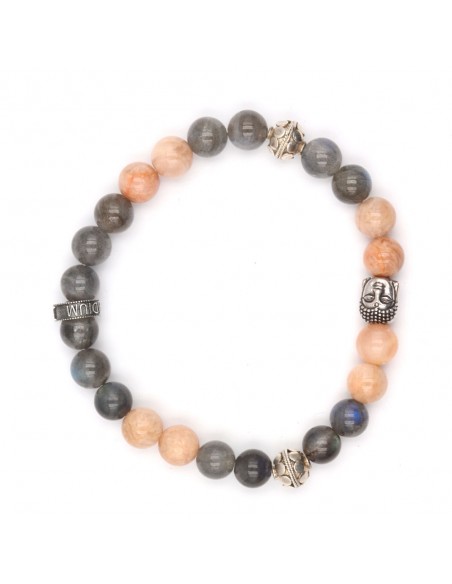 bracelet jadium en Labrodorite grise et Perle de lune pêche avec Bouddha argent