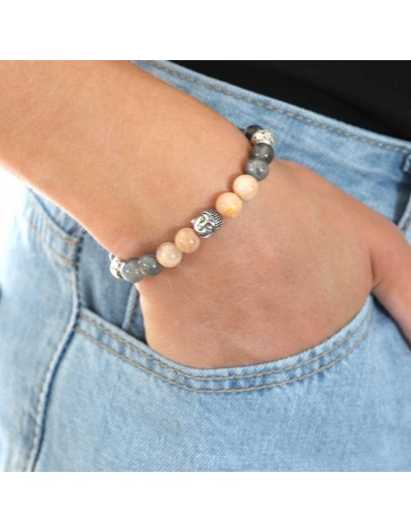 bracelet Labrodorite grise et Perle de lune pêche et Bouddha argent