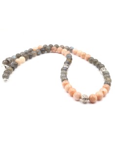 Collier Bouddha, labrodorite grise et perle de lune pêche et argent massif