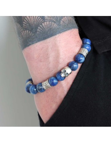 Bracelet Jadium perles kyanite , perles balinaises et  crâne en argent massif