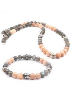 Parure bouddha argent silver, perle de lune peche et labrodorite grise de Jadium