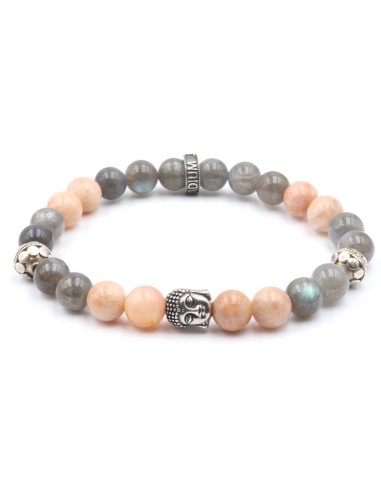 Bracelet bouddha argent silver, perle de lune peche et labrodorite grise