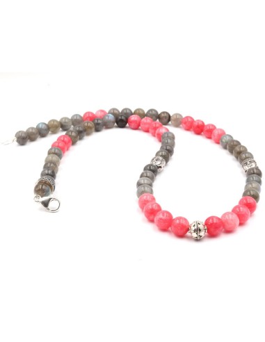 Collier bouddha argent silver, perle rhodocrosite rose et labrodorite grise de JADIUM