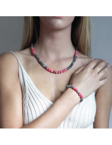 Parure JADIUM bouddha argent silver, perle rhodocrosite rose et labrodorite grise