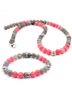 Parure bouddha argent silver, perle rhodocrosite rose et labrodorite grise BY jadium
