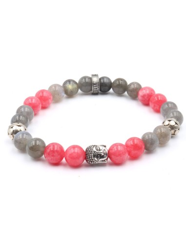 Bracelet bouddha argent silver, perle rhodocrosite rose et labrodorite grise