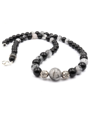 Collier en onyx, quartz rutilé et argent silver 925 Jadium