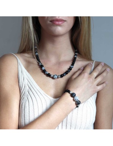 Parure Capu en argent massif, quartz gris et onyx noir de Jadium