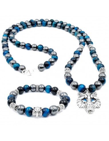 Duo loup perles hématite, oeil de tigre bleu, onyx et argent