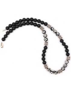 Collier Jadium en perles onyx et Dzi tibétaine, argent massif 2
