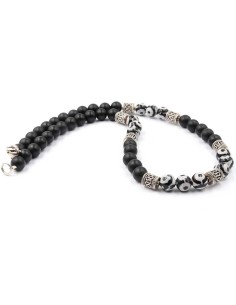 Collier Jadium en perles onyx et Dzi tibétaine, argent massif