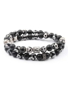 Bracelet double Jadium perles Dzi tibétaine et onyx, argent 925