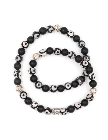 Bracelet double perles Dzi tibétaine et onyx, argent massif by Jadium