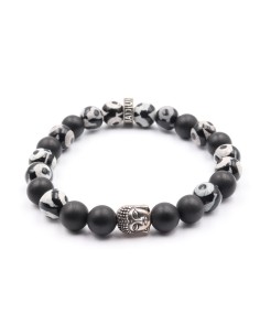 Bracelet en perles Dzi tibétaine et onyx mat, argent 925
