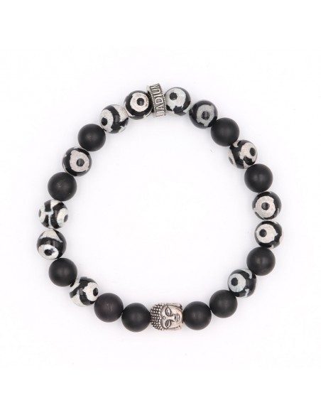 Bracelet en perles Dzi tibétaine et onyx mat, argent 925