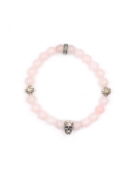 Bracelet quartz rose perles argent massif et skull