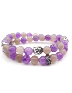 Bracelet double rang en agate grise et améthyste, bouddha et rondelle en argent 925