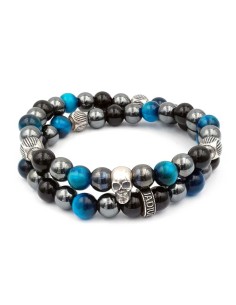 Bracelet double rang perles noires, argent et bleu tete de mort Jadium