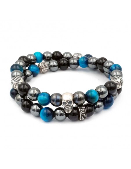 Bracelet double rang perles noires, argent et bleu tete de mort Jadium