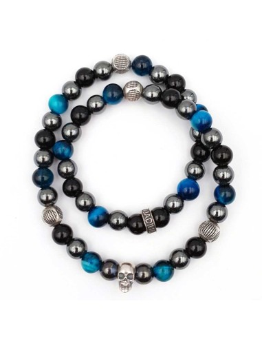 Bracelet double rang perles noires, argent et bleu tete de mort Jadium