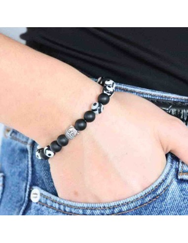 Bracelet en perles Dzi tibétaine et onyx mat, argent 925