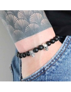 Dynasty Duo, tête de mort et rondelle Jadium en argent massif, perles en onyx noir 2