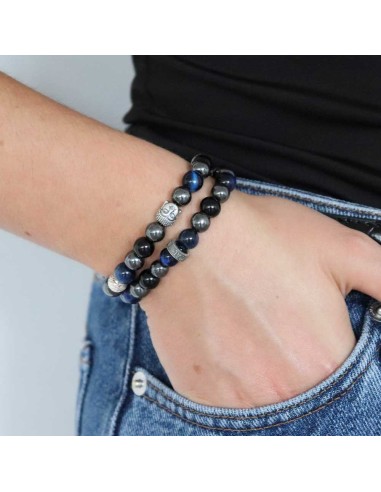 Bracelet double rang en argent 925 et perles Hématite, Onyx noir et Oeil de tigre bleu