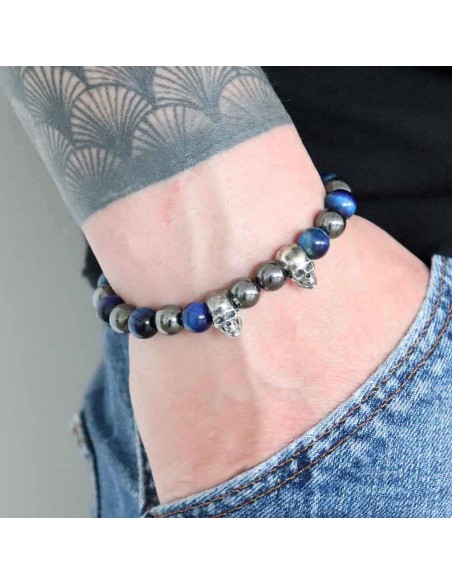 Elzy Silver Duo, bracelet en argent et perles (Hématite et Oeil de tigre bleu)
