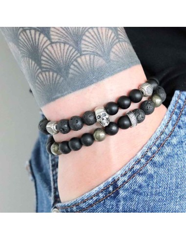 Bracelet Jadium perles de Lave, pyrite et d'onyx mat, tête de mort Argent